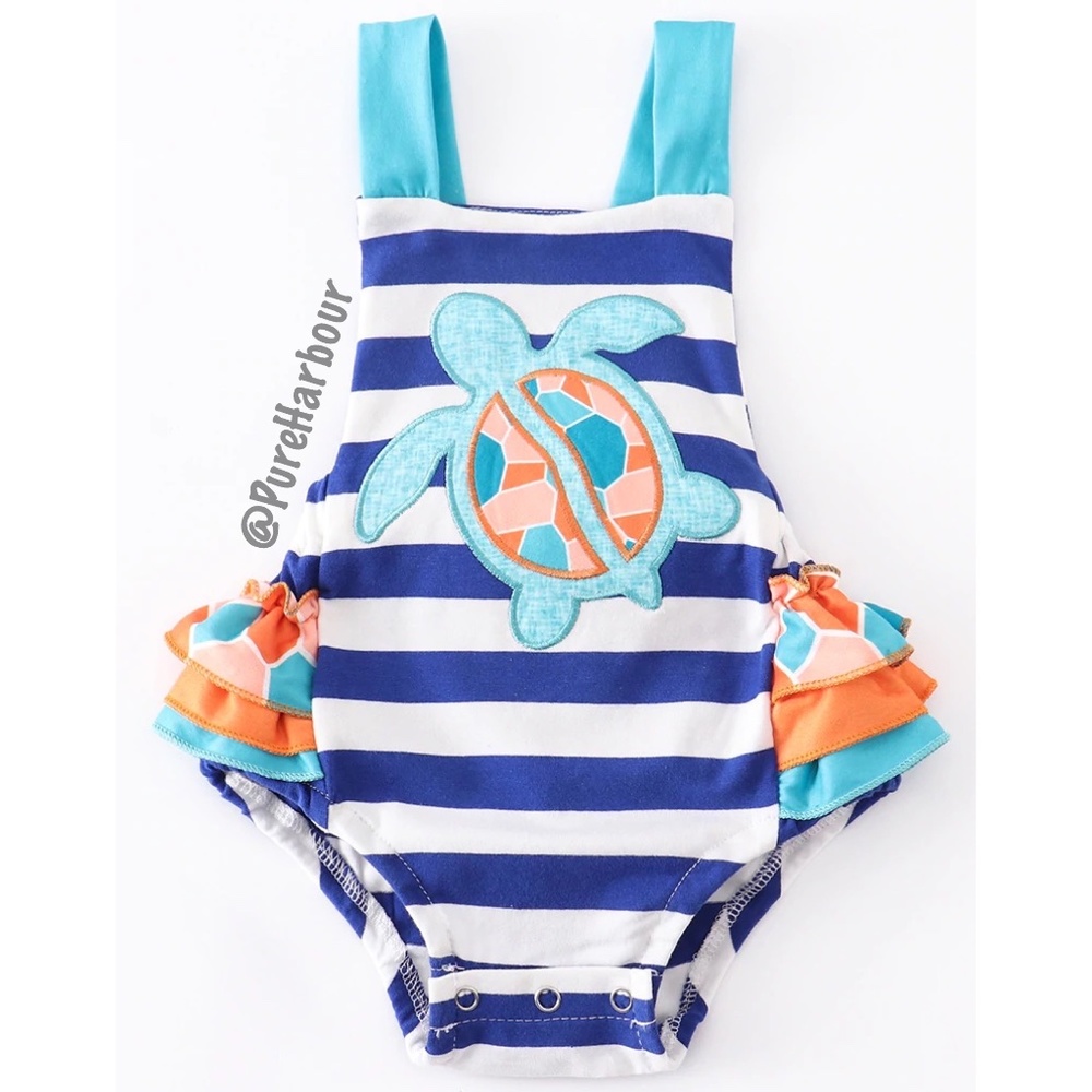 Striped Turtle Applique Ruffle Baby Bubble